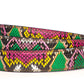 Women's vegan leather belt strap in multi-colored boa print, pink and green, 1.25 inches wide, casual look