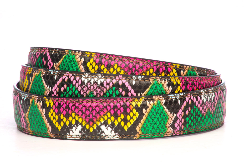 Women's vegan leather belt strap in multi-colored boa print, pink and green, 1.25 inches wide, casual look