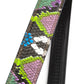Women's vegan leather belt strap in multi-colored boa print, purple and green, 1.25 inches wide, casual look, front and back