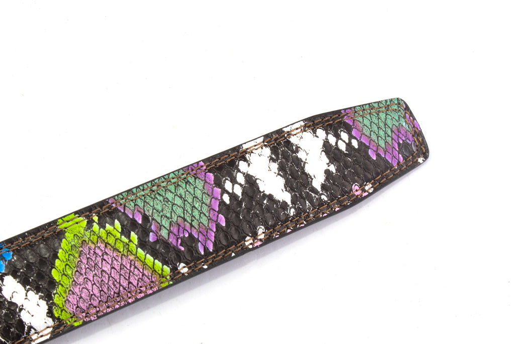 Women's vegan leather belt strap in multi-colored boa print, purple and green, 1.25 inches wide, casual look, tip of the strap