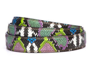 Women's vegan leather belt strap in multi-colored boa print, purple and green, 1.25 inches wide, casual look