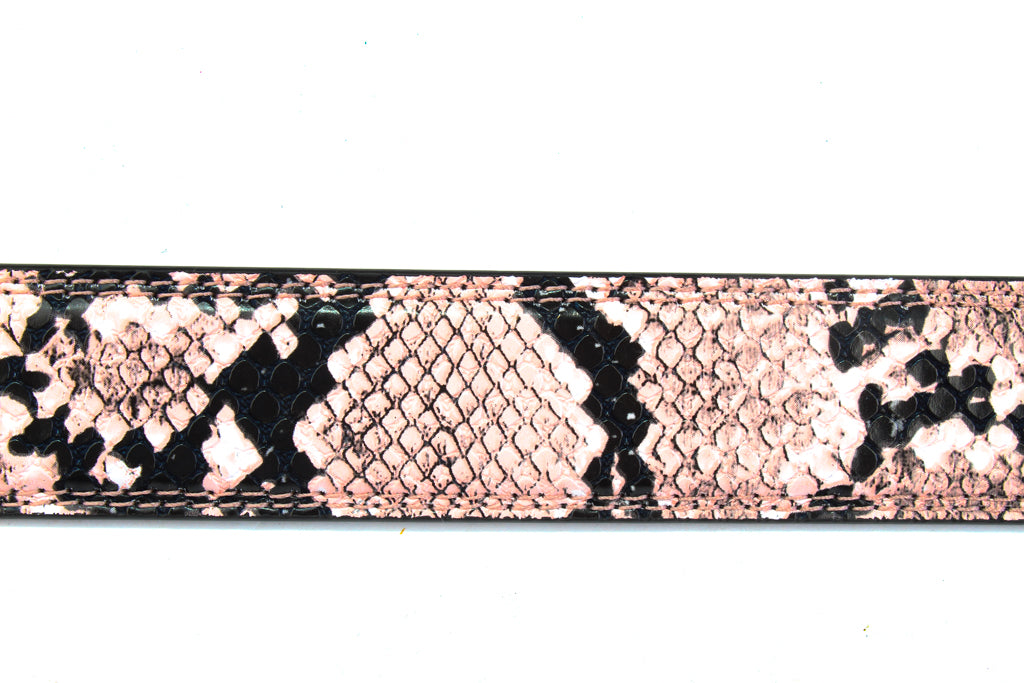 Women's vegan leather belt strap in pink boa print, 1.25 inches wide, casual look, flat lay