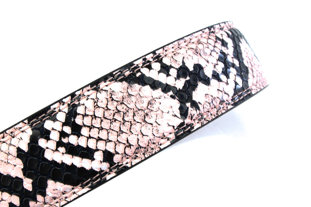 Women's vegan leather belt strap in pink boa print, 1.25 inches wide, casual look, slanted view