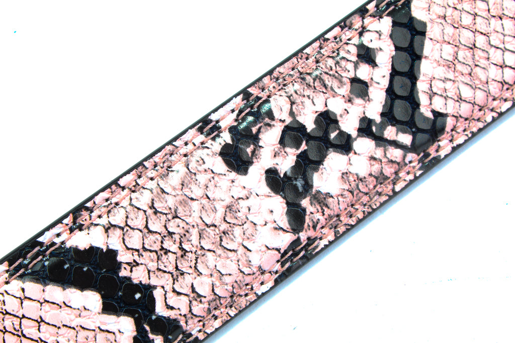 Women's vegan leather belt strap in pink boa print, 1.25 inches wide, casual look, texture close up