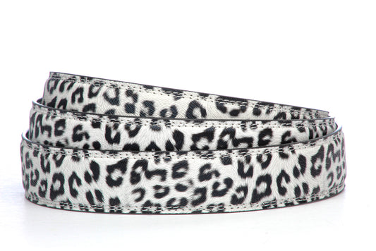 Women's vegan leather belt strap in snow leopard print, 1.25 inches wide, casual look